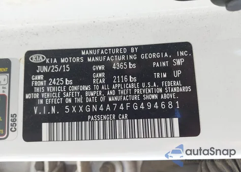 2015 Kia Optima Ex z USA, uszkodzony, nr VIN 5XXGN4A74FG494681